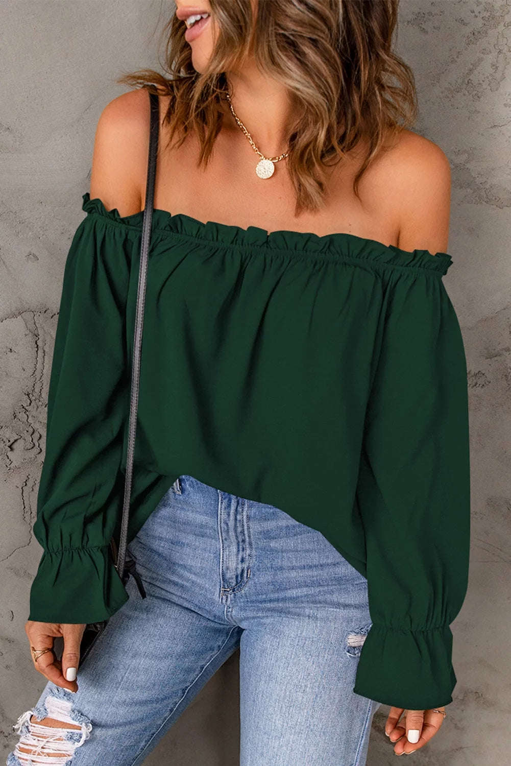 Frilled Off-shoulder Neckline Loose Blouse D9556