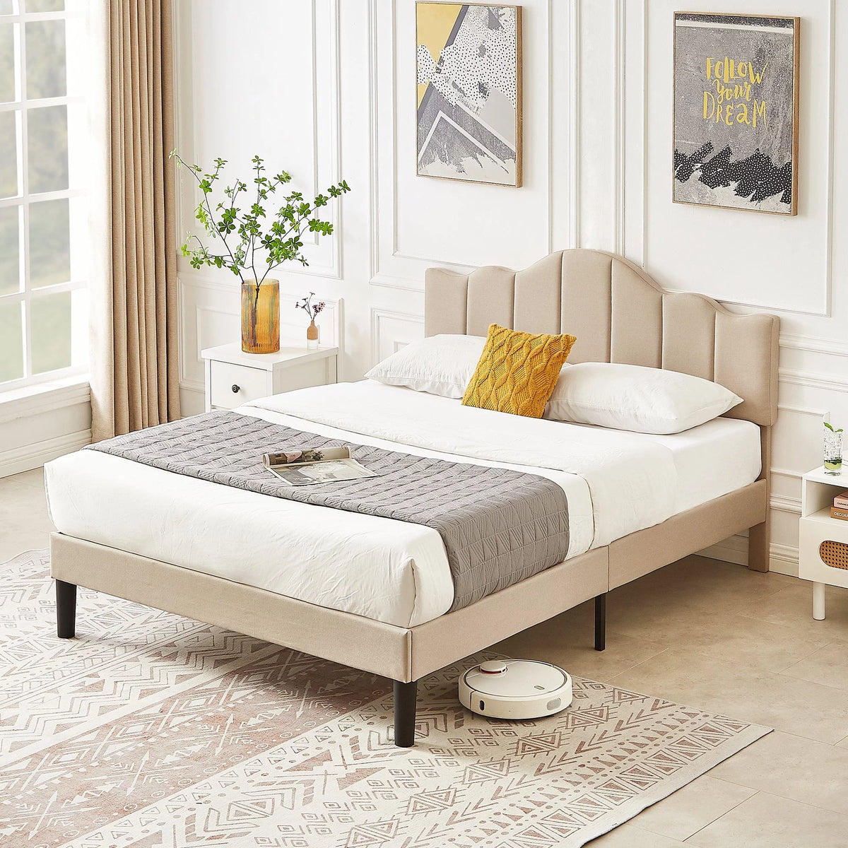 Upholstered Bed Frame with Adjustable Headboard Beige Full Q13343