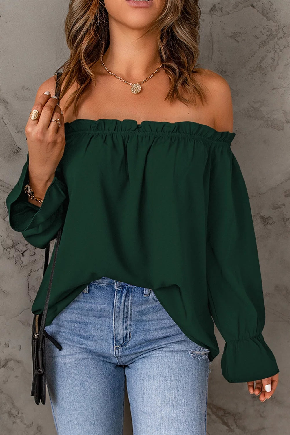 Frilled Off-shoulder Neckline Loose Blouse D9556