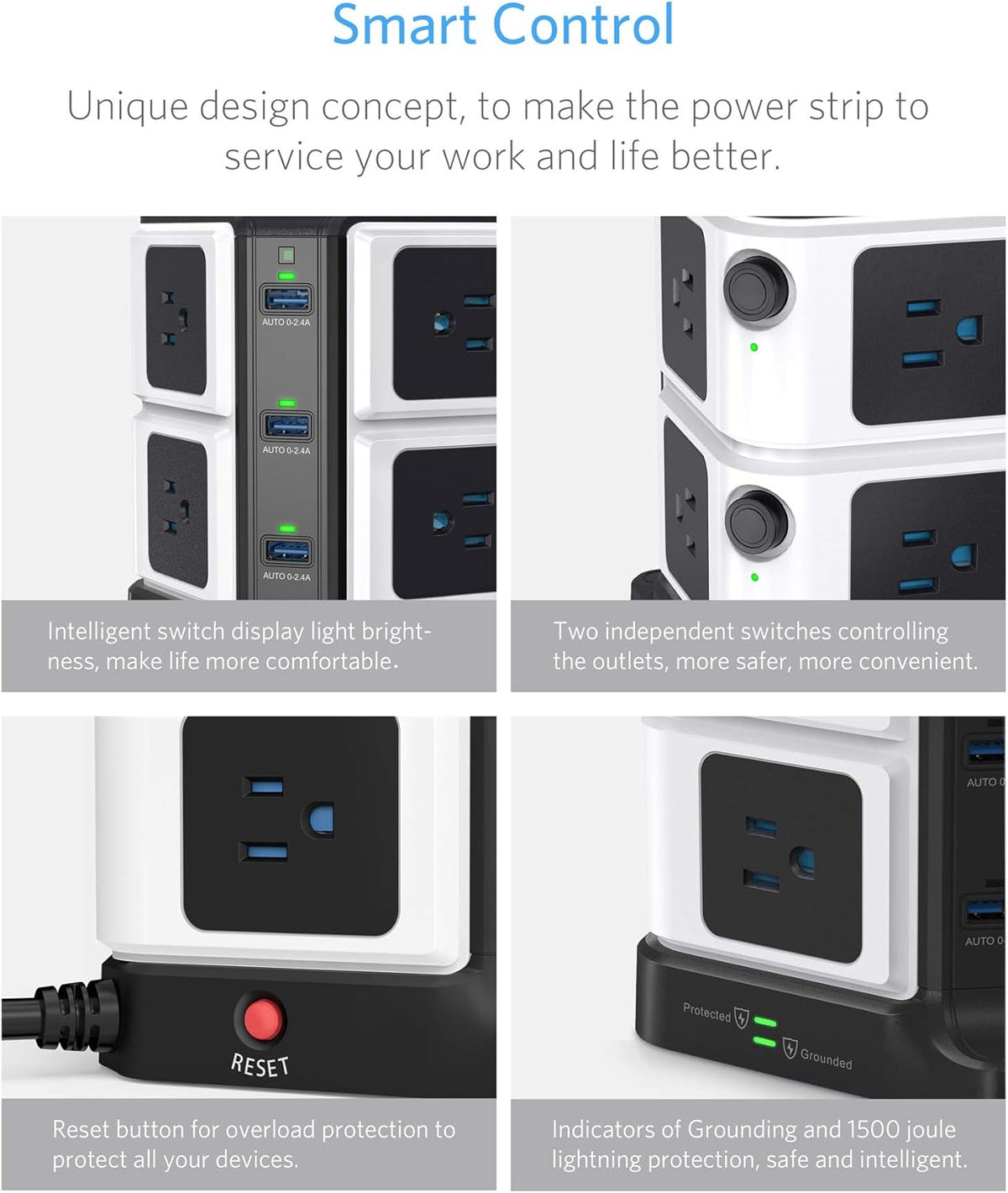 8-Outlet Surge Protector with 6-Port USB Charging Dock Station, Black, Pack of 2 S874211