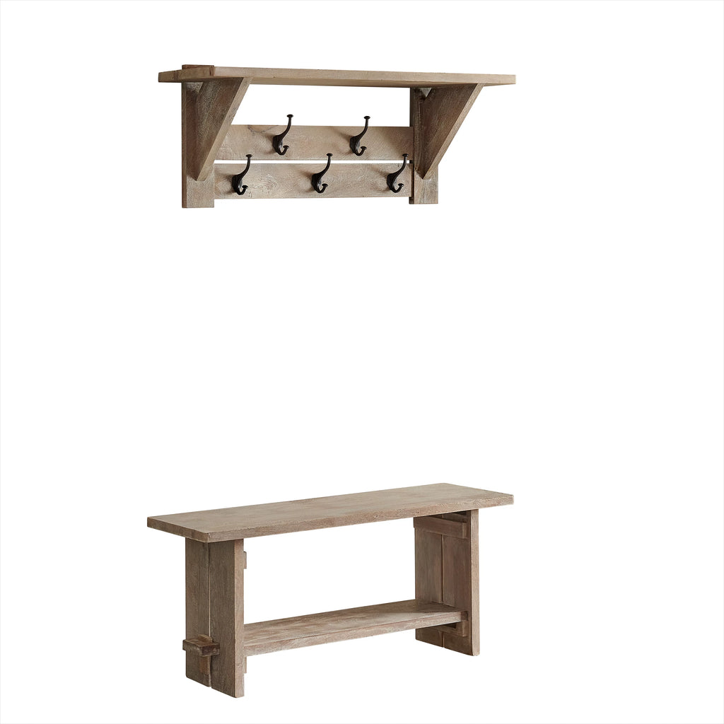 Mango Wood Bench and Coat Hook with Shelf T596579