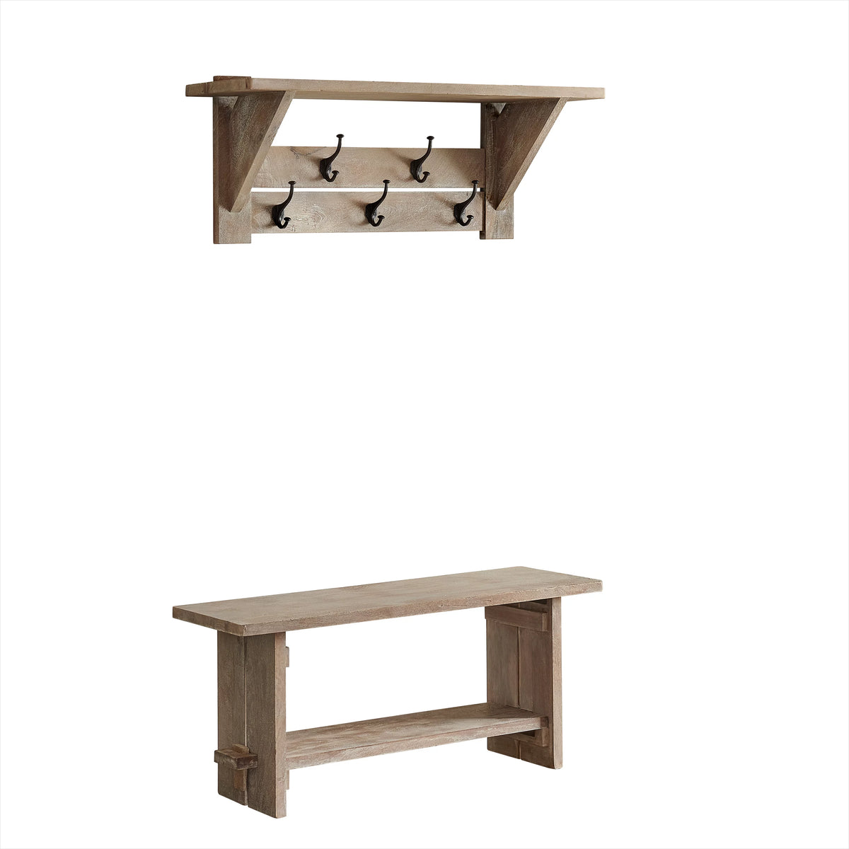 Mango Wood Bench and Coat Hook with Shelf T596579