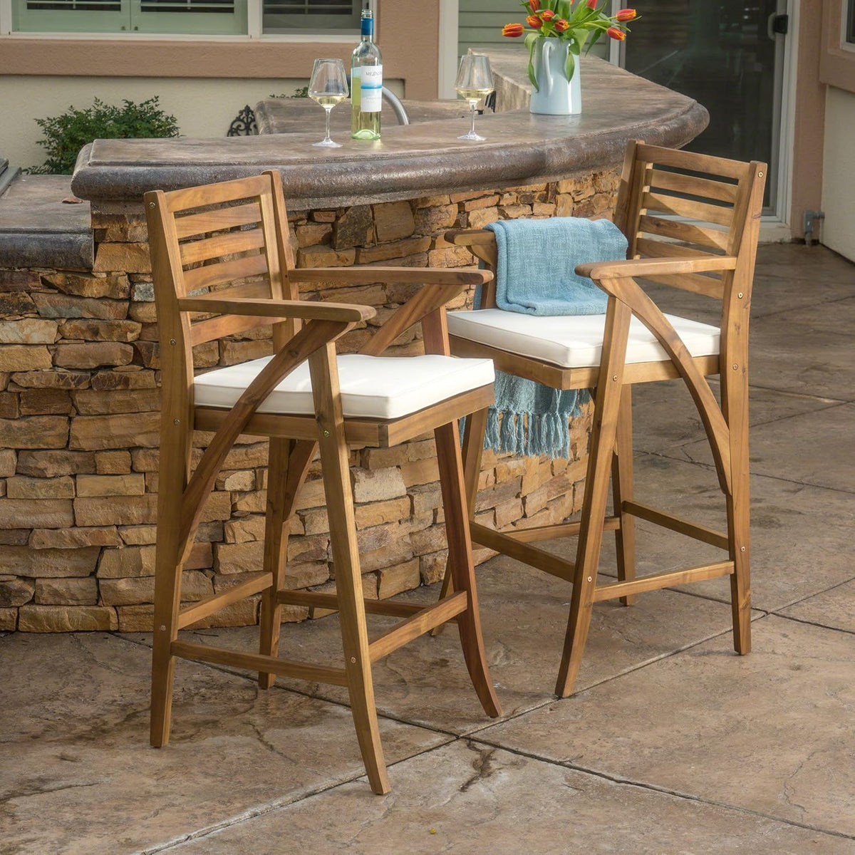 Acacia Wood Outdoor Barstools, 2-Pcs Set S9932