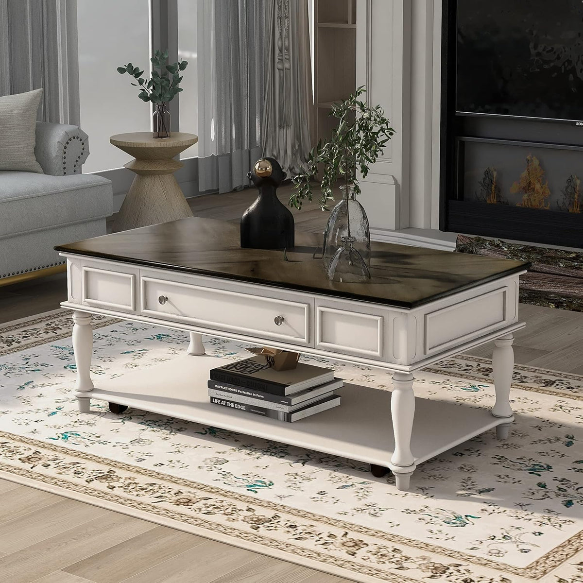 Gray Coffee Table with Drawer and Storage Shelf X231