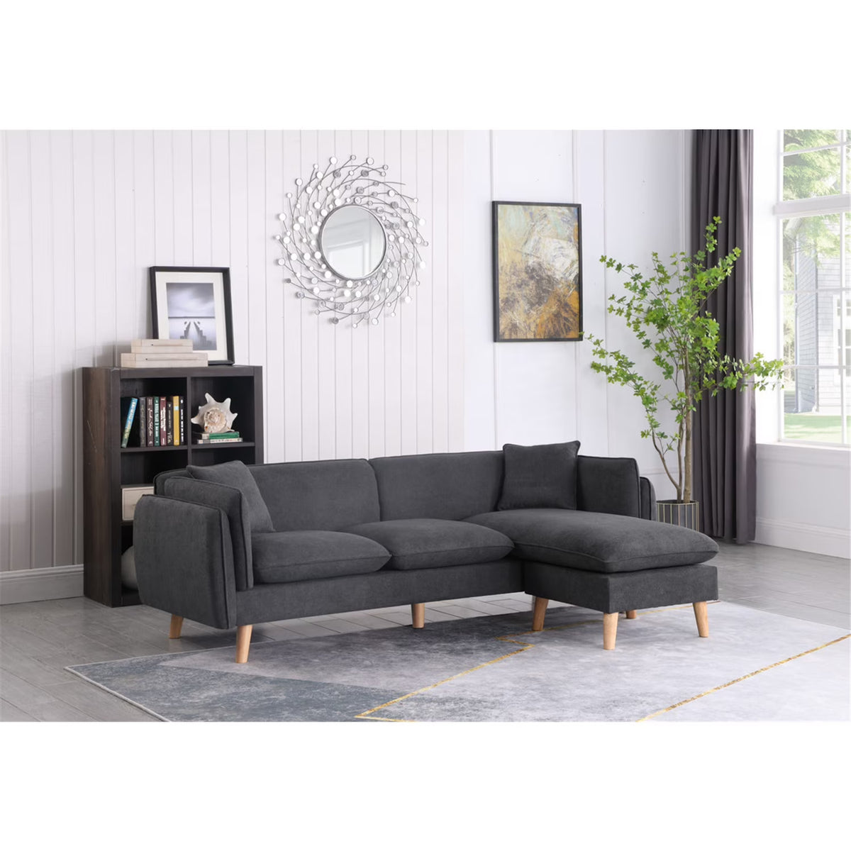 Dark Gray Fabric Sectional Sofa Chaise Ottoman with 2 Pillows S760765