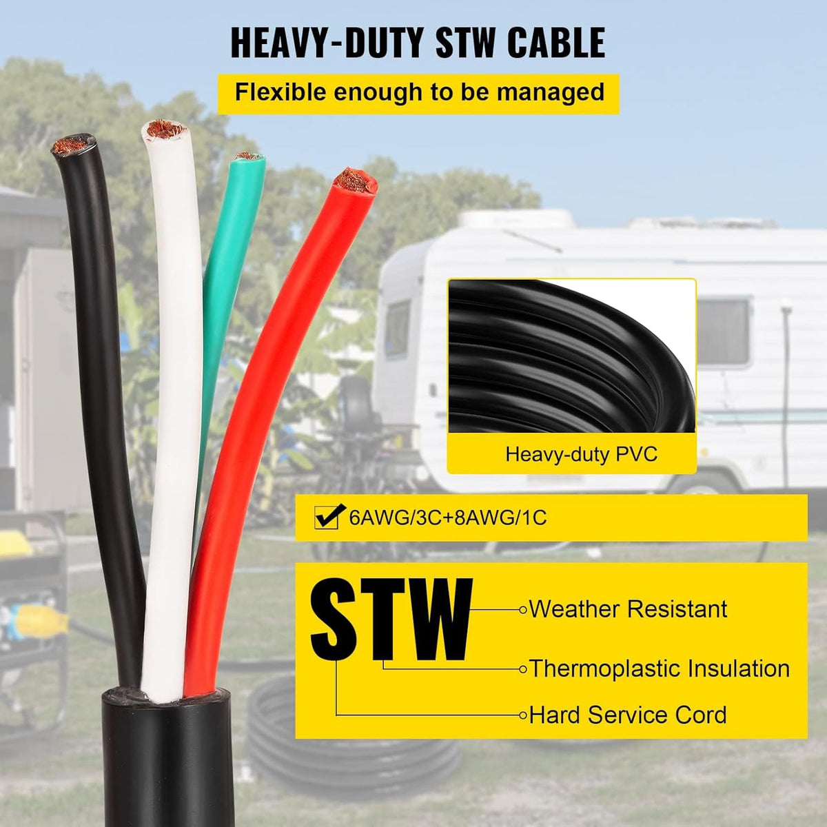 30Ft 50Amp 6 Gauge STW 6/3+8/1 Generator Extension Cord F54955