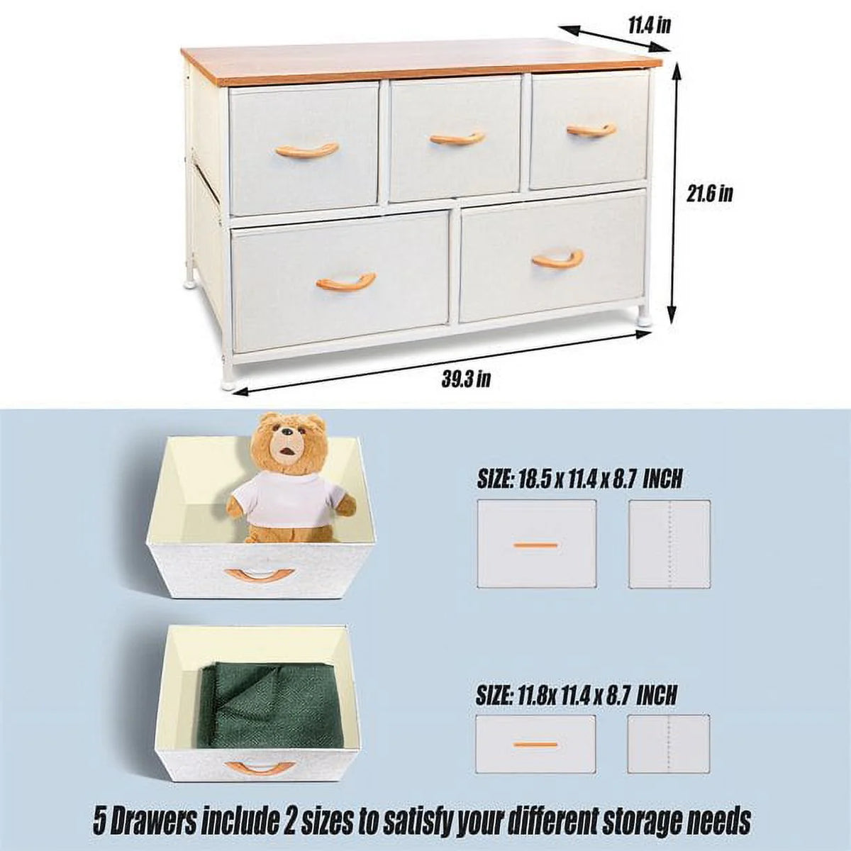 5 Drawers Wood Dresser with Fabric Drawers (Maple) M550