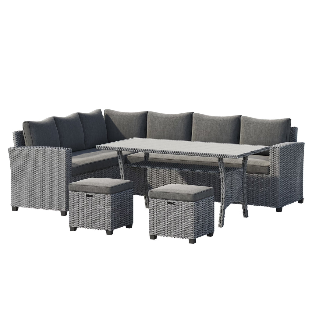 Cushioned Rattan Wicker 5-piece Patio Dining Sofa Set Dark Grey H830