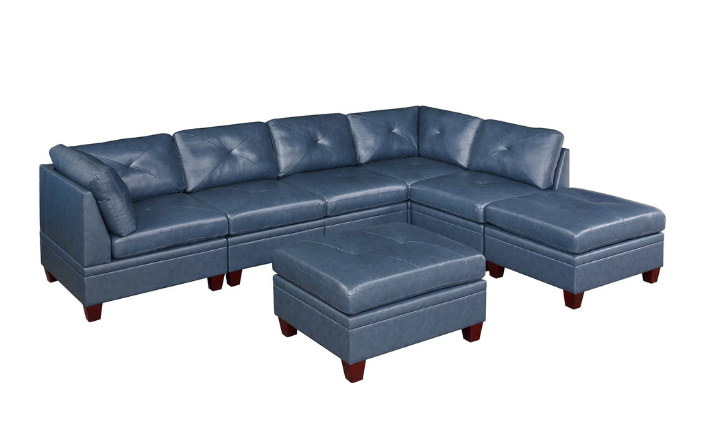 Ink Blue Top Grain Leather 7pc Tufted Sectional Sofa S469517