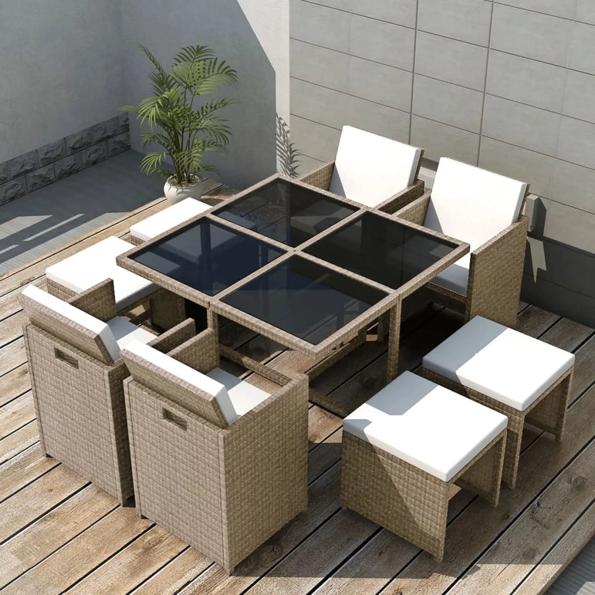 9 Piece Poly Rattan Outdoor Dining Set with Glass Top Table T557