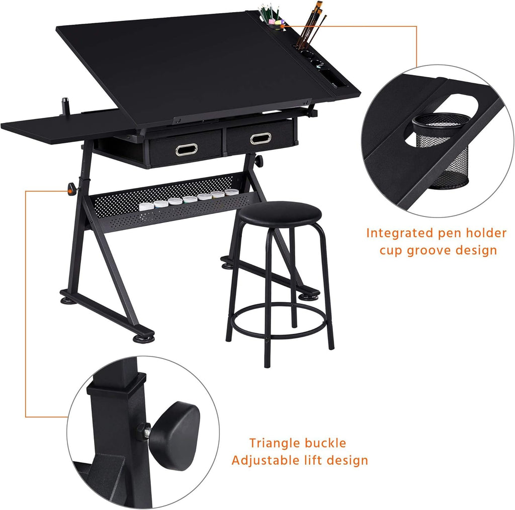 Height Adjustable Drafting Desk with Tiltable Tabletop and 2 Storage Drawers E668