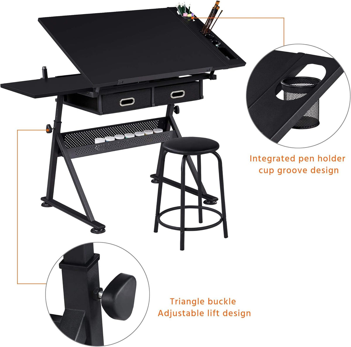 Height Adjustable Drafting Desk with Tiltable Tabletop and 2 Storage Drawers E668
