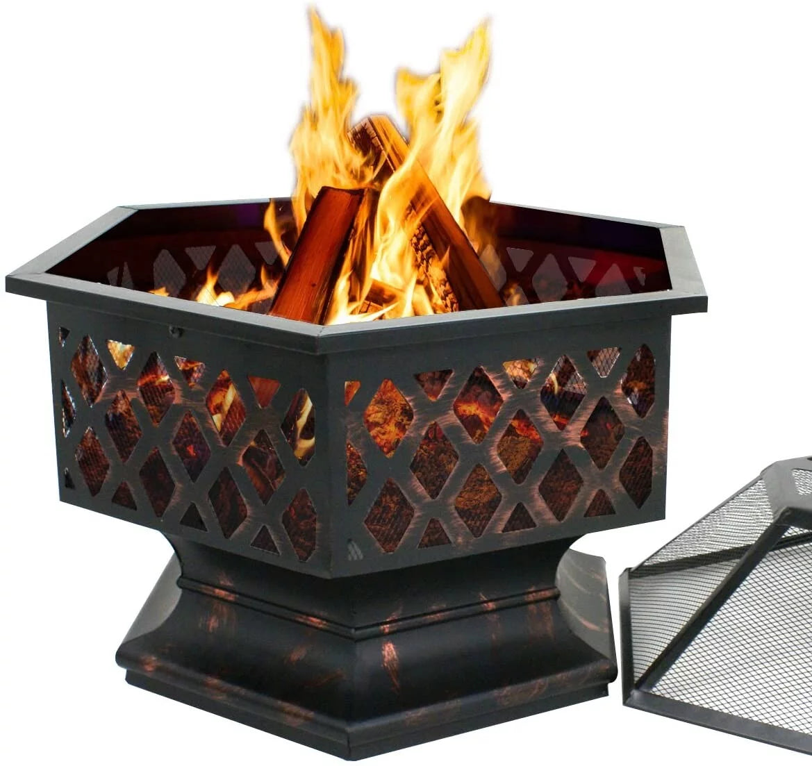 24 Hexagon Wood Bronze Finish Steel Fire Pit D579072