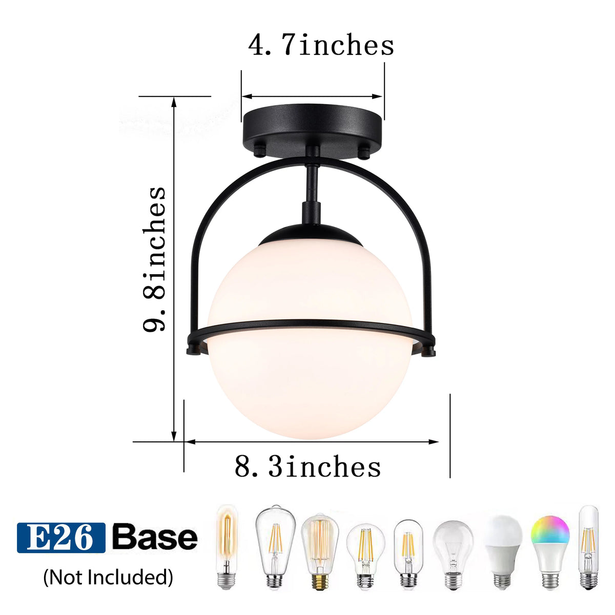 Black 1-Light Semi Flush Mount Ceiling Light with Opal Glass Shade Z63774