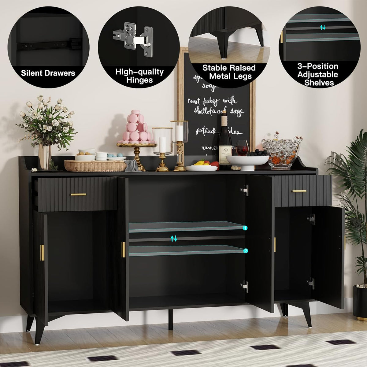 Black Wood Sideboard Buffet Cabinet with Storage X77529