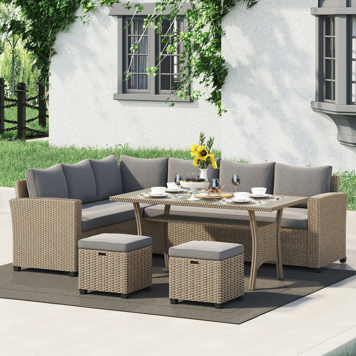 Cushioned Rattan Wicker 5-piece Patio Dining Sofa Set Dark Grey H830