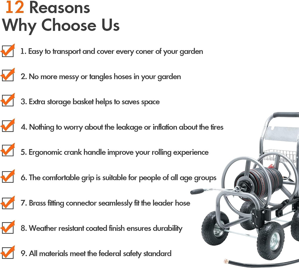 Heavy Duty Hose Reel Cart with 4 Wheels, 250-Feet Capacity F361
