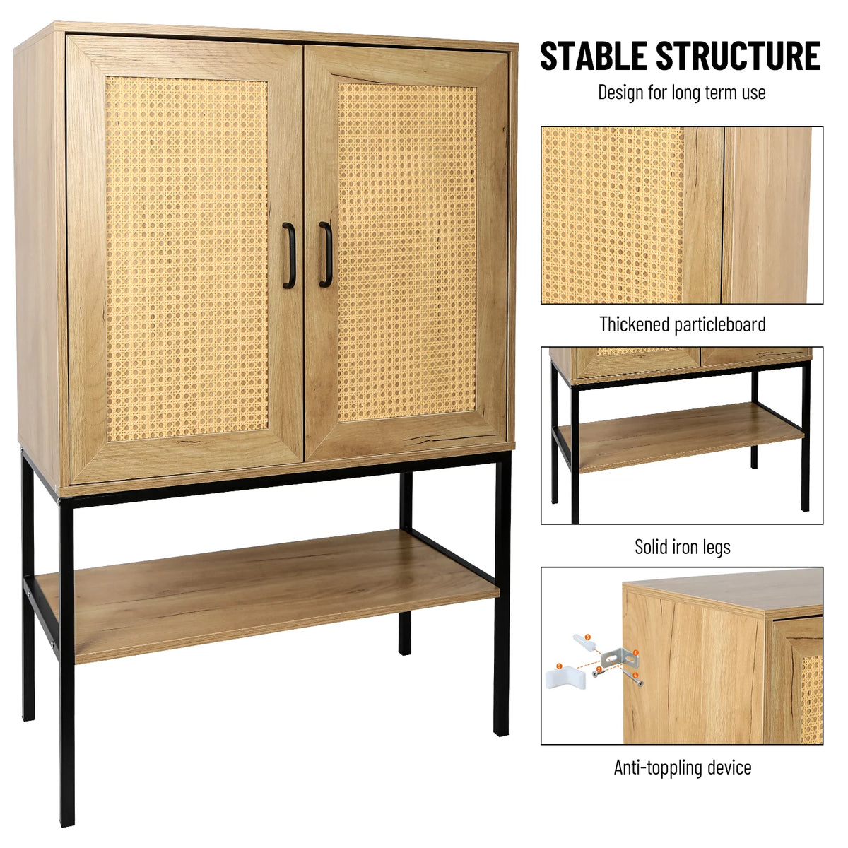 Wooden Cabinet with 2 Rattan Doors and Bottom Shelf M7105