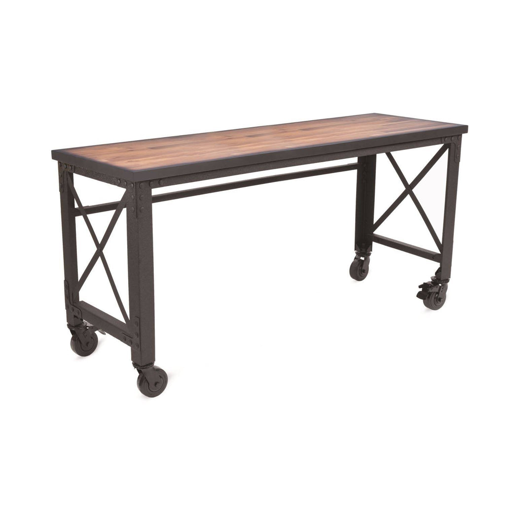 Rolling Industrial Desk with Wooden Top 46 x 24 Inches E46083