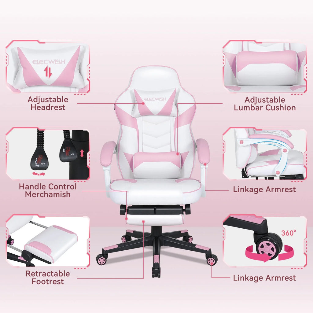 Pink Ergonomic Reclining Gaming Chair with Footrest R57105