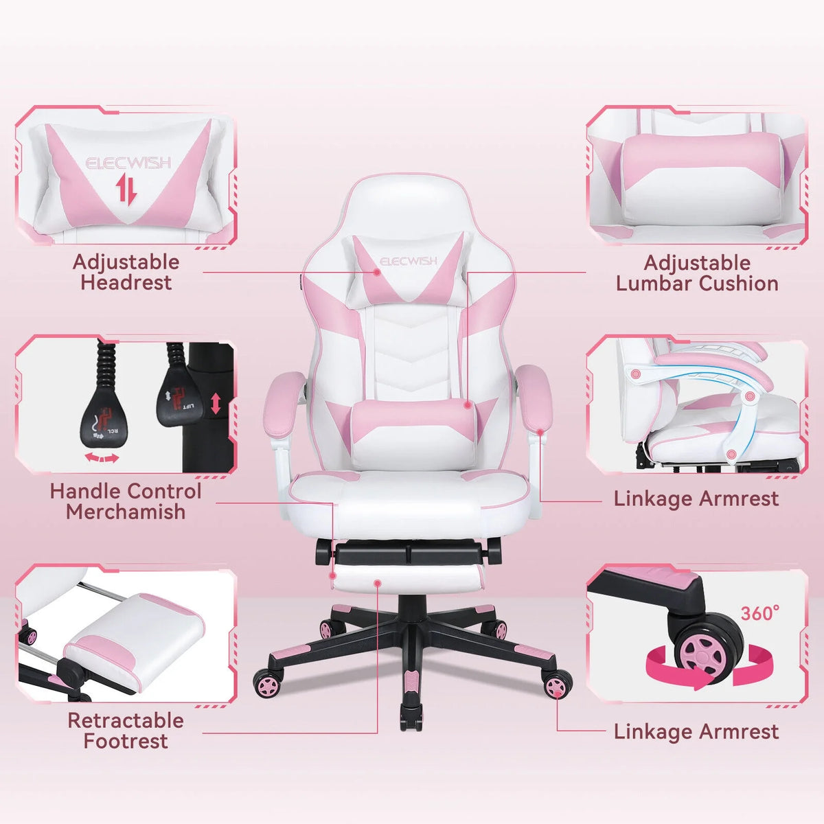 Pink Ergonomic Reclining Gaming Chair with Footrest R57105