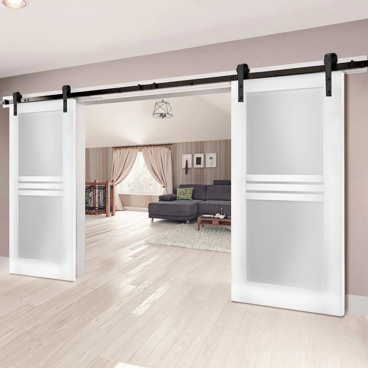 Modern Double Barn Door 36 x 80 inches with Opaque Glass 4 Lites K8857