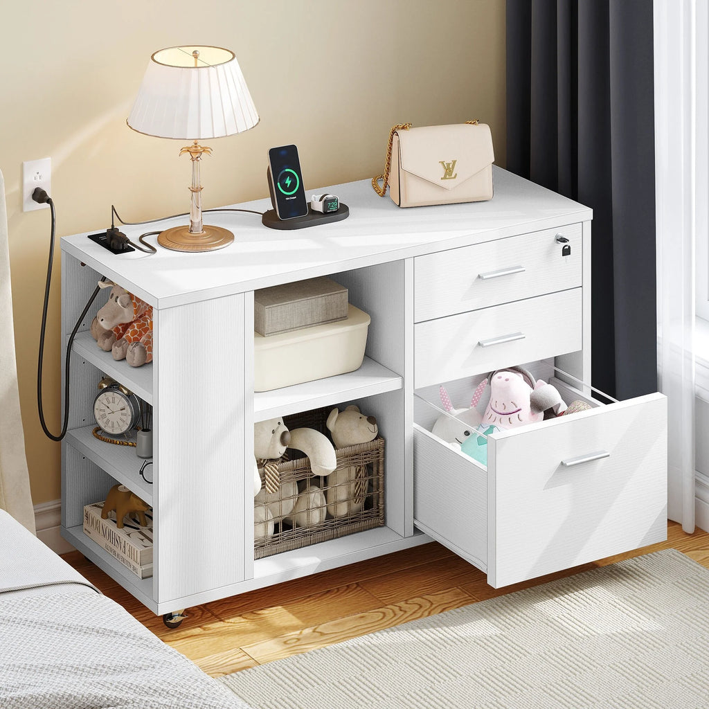 White Wood File Cabinet with Charging Station N6518
