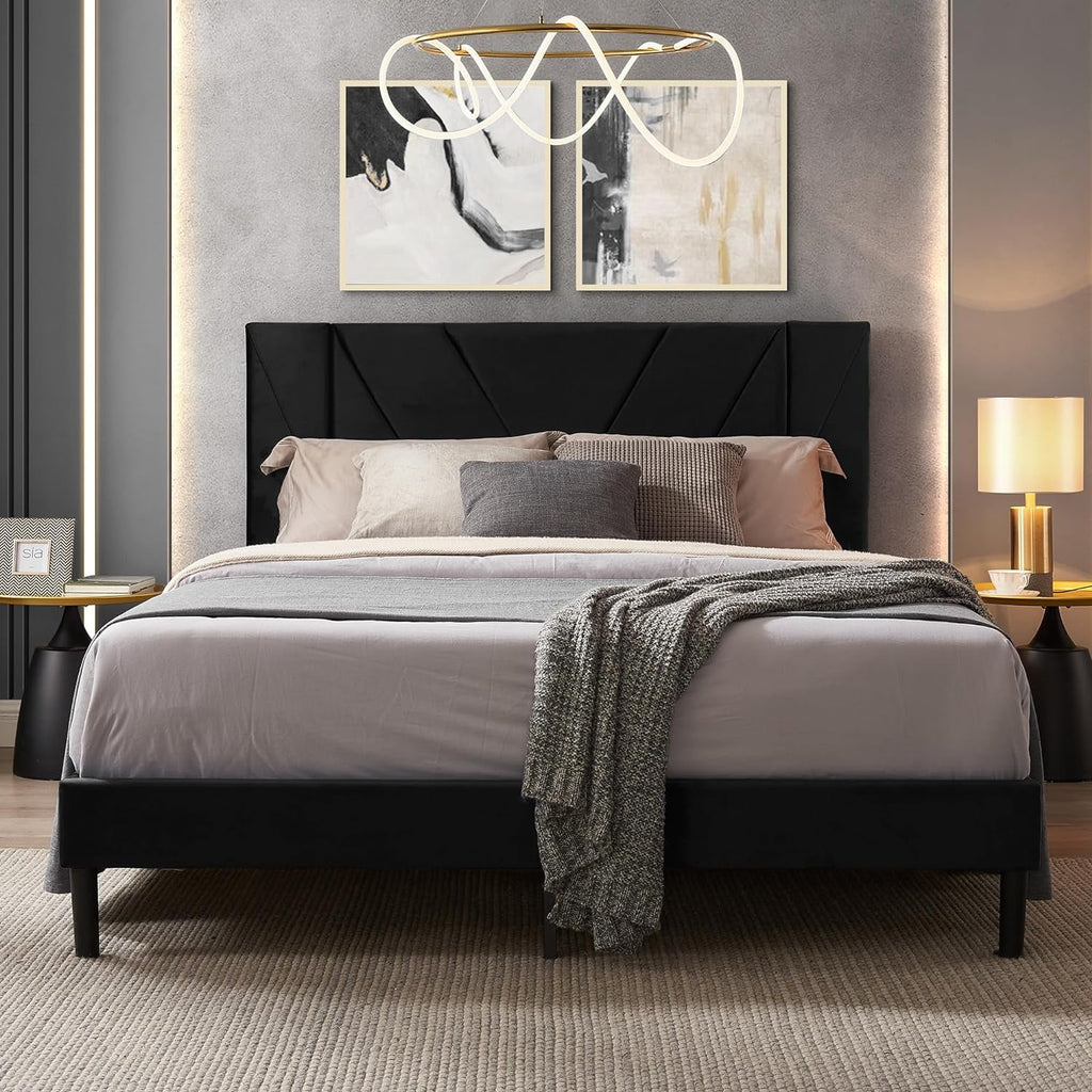 Queen Size Black Velvet Upholstered Platform Bed Frame U257563