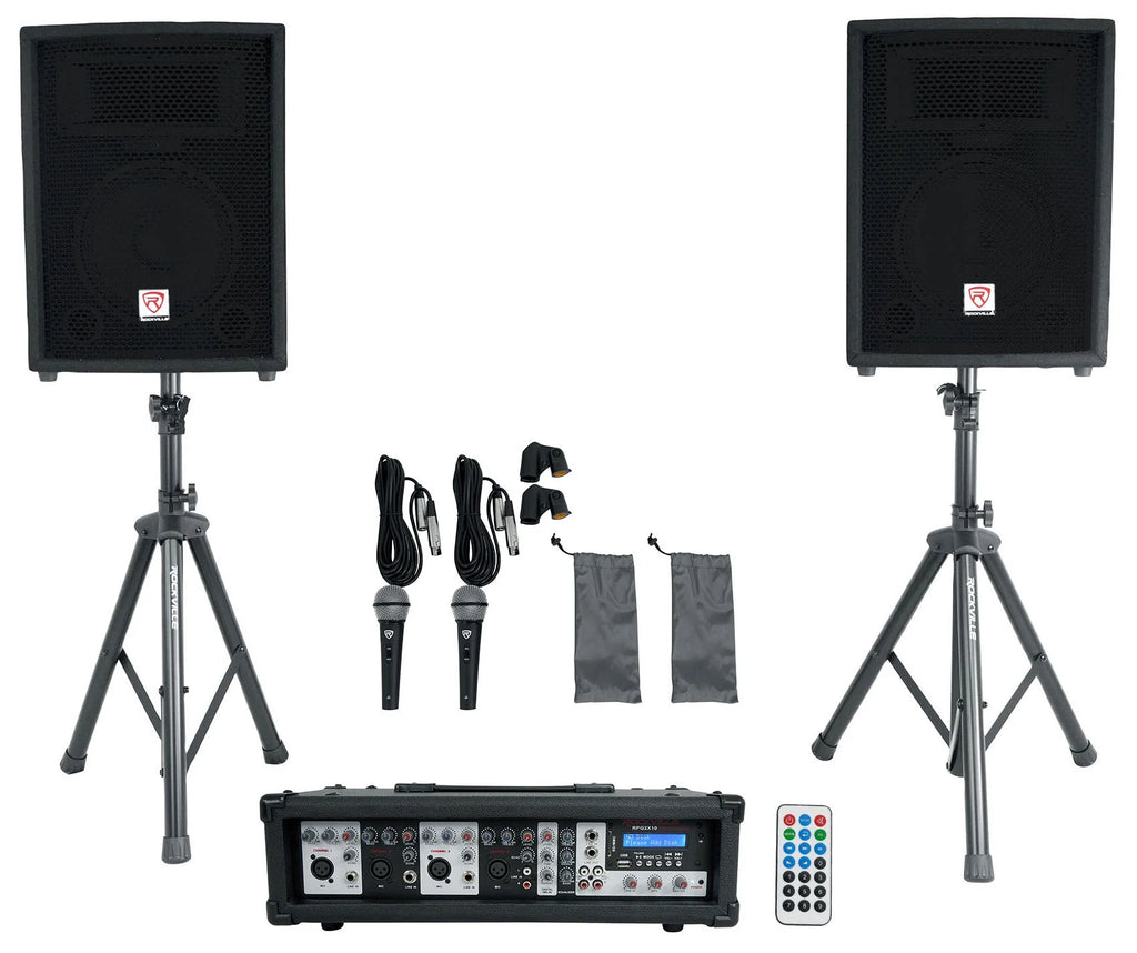 10" Speakers Bluetooth Mixer Mics Tripod Stands Facade Lights DJ Package C54748