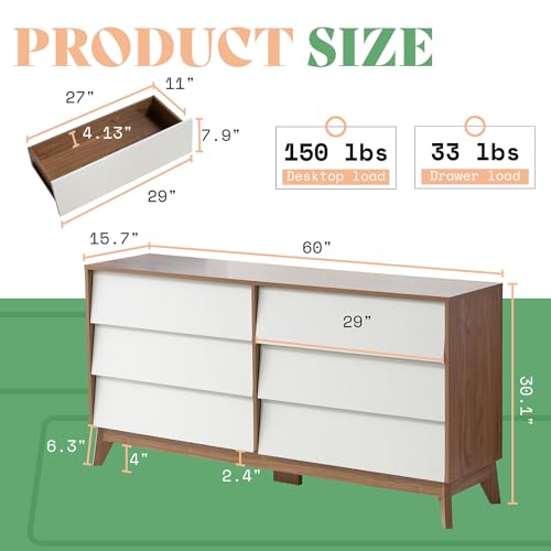 White & Yellow Walnut 6 Drawer Wood Dresser S477067