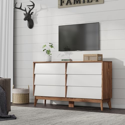 White & Yellow Walnut 6 Drawer Wood Dresser S477067