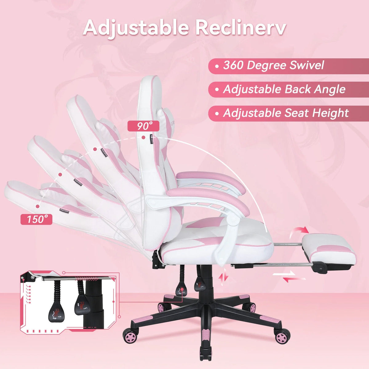Pink Ergonomic Reclining Gaming Chair with Footrest R57105