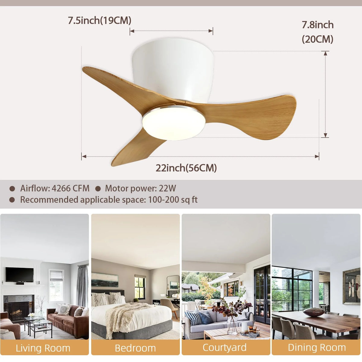 White 22 Inch 3 Reversible Blades Ceiling Fan with Lights Y6545