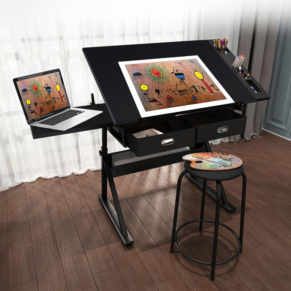 Height Adjustable Drafting Desk with Tiltable Tabletop and 2 Storage Drawers E668