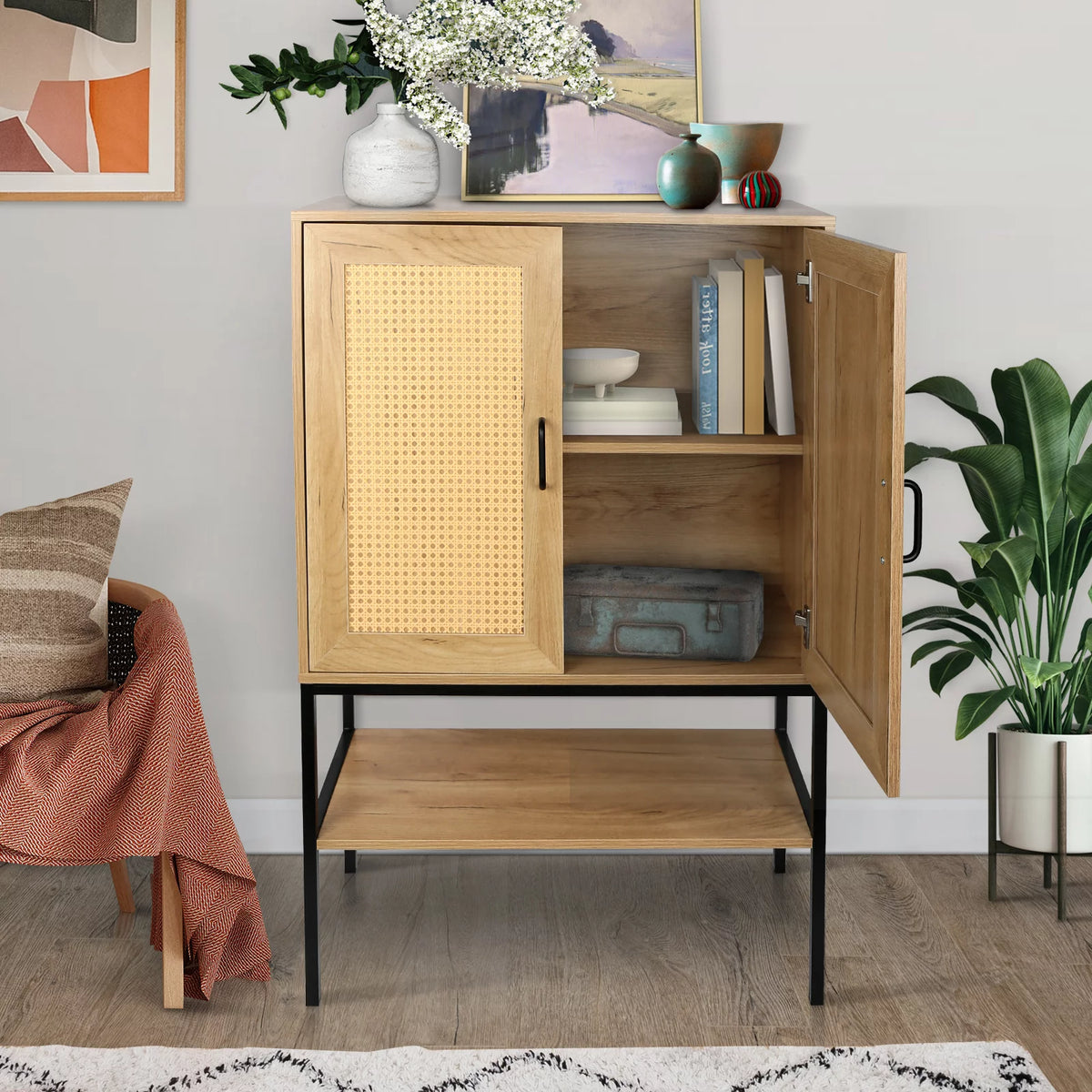 Wooden Cabinet with 2 Rattan Doors and Bottom Shelf M7105