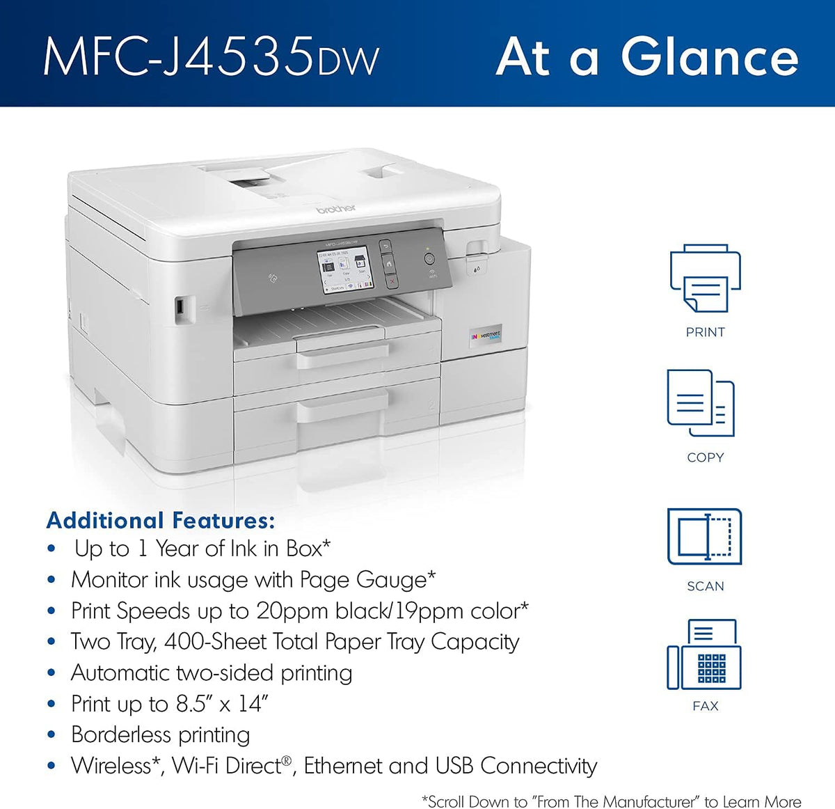 Color Inkjet Printer with NFC, Auto 2-Sided Printing, Print Scan Copy Fax, Wireless, White W18717