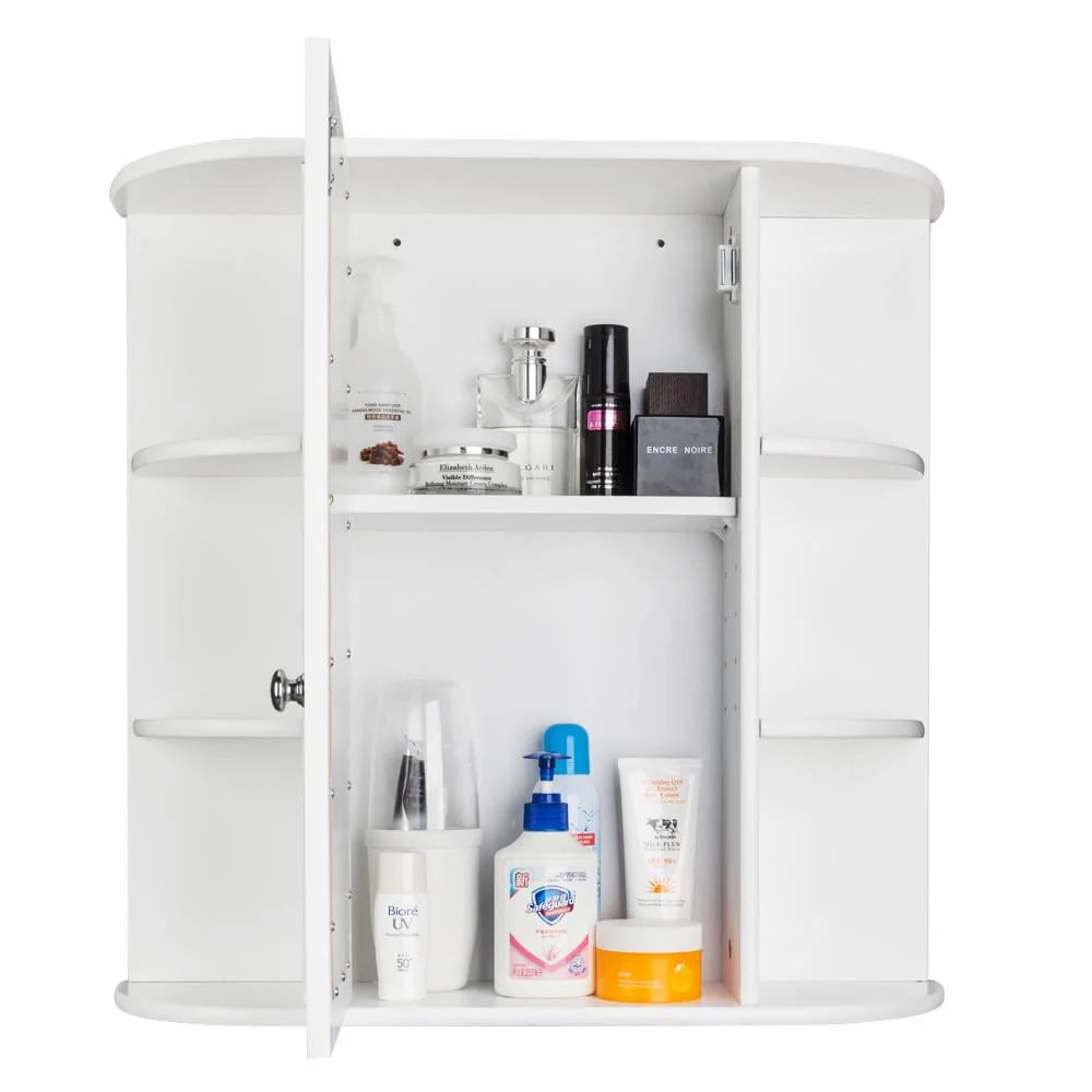 White Wooden Bathroom Storage Cabinet with Mirror Door & 8 Shelves L64961