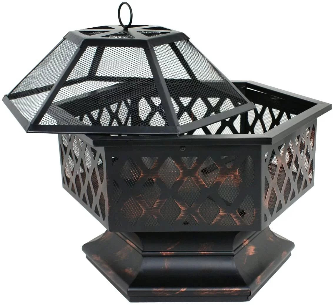 24 Hexagon Wood Bronze Finish Steel Fire Pit D579072
