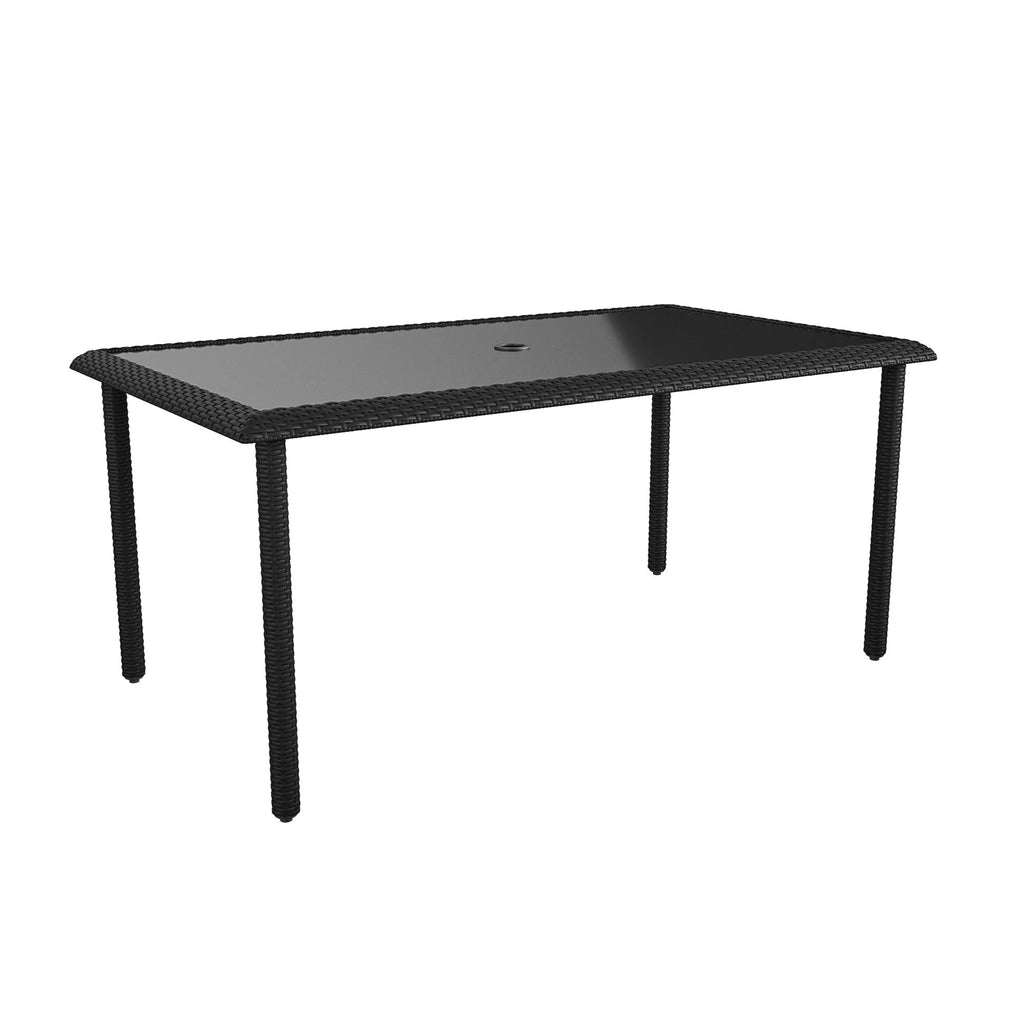 Black Wicker Dining Table with Glass Top and Umbrella Hole V788662