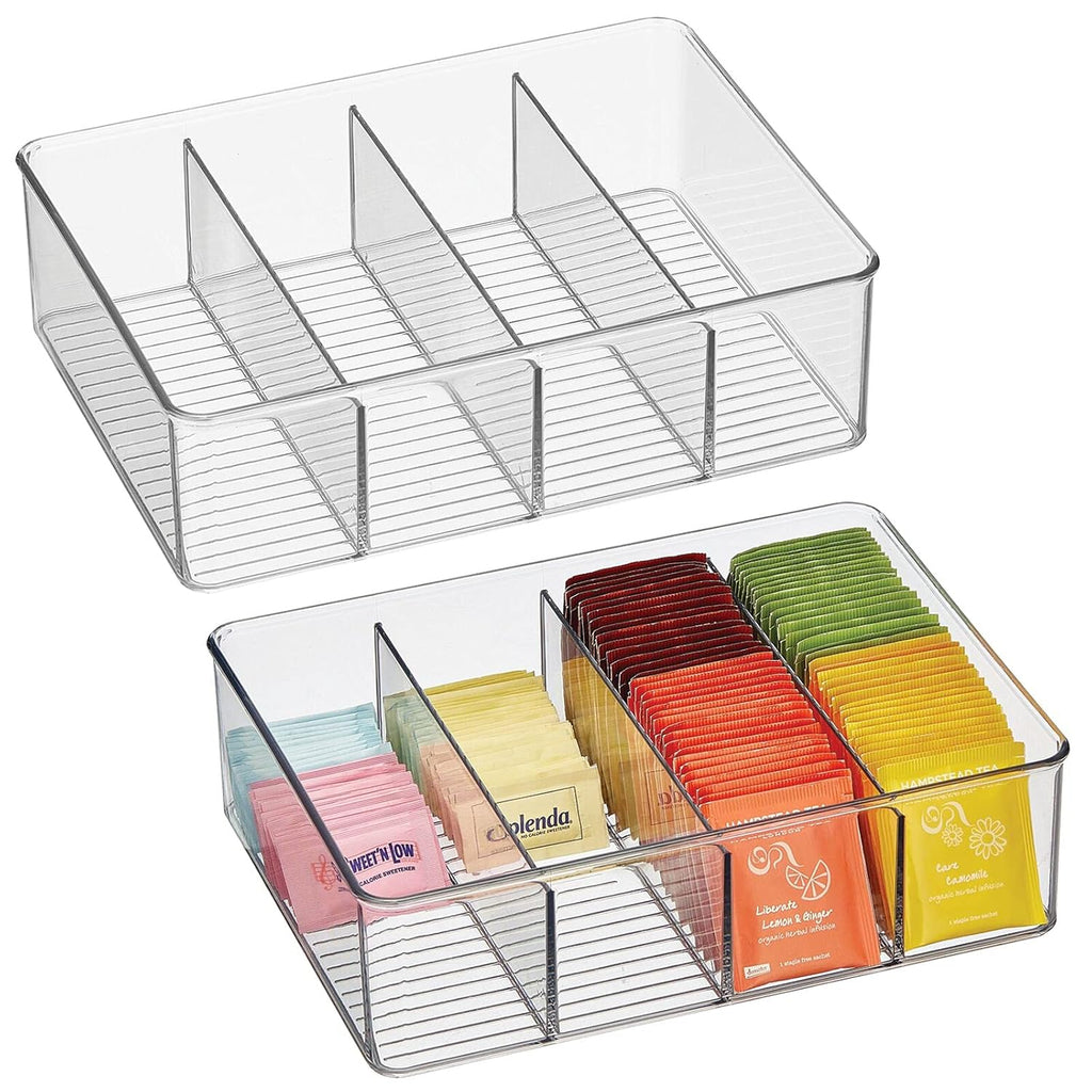 Plastic Stackable Tea Bag Storage Organizer Bin with 4 Divided Compartments, 2 Pack - Clear K196303