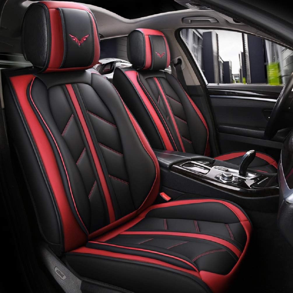 Black-red PU Leather Front and Rear Car Seat Cover Full Set V578328