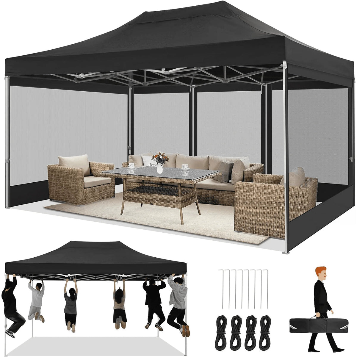 10x15 Heavy Duty Pop up Canopy Tent with Netting and Sidewalls, Black G866