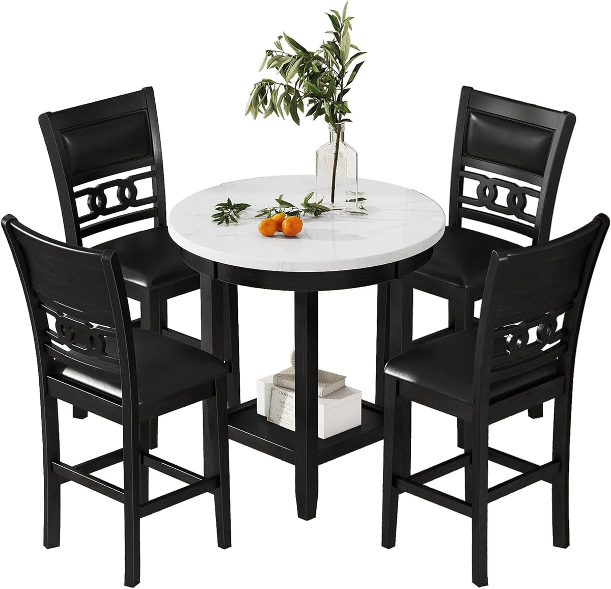 5-piece Counter Height Dining Round Table Set with Faux Marble Top and Four PU-leather Chairs, Dark Espresso Z836612