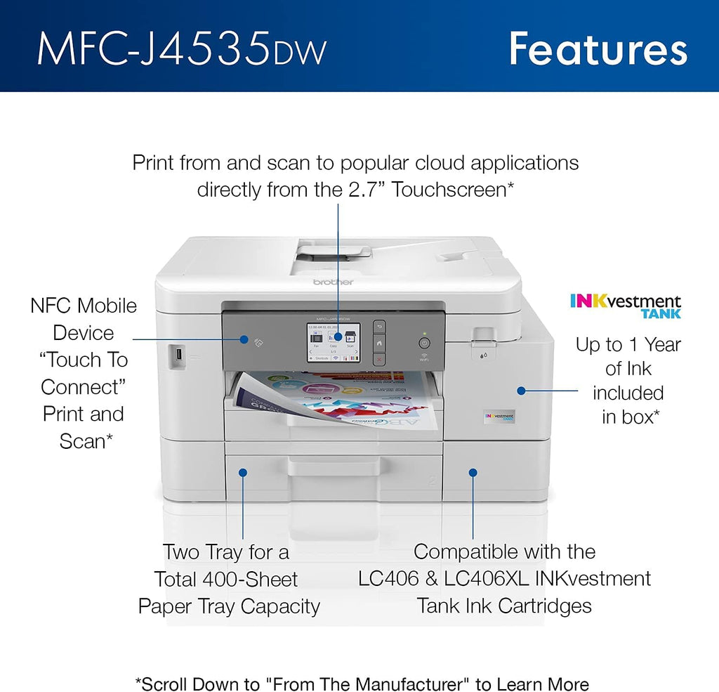 Color Inkjet Printer with NFC, Auto 2-Sided Printing, Print Scan Copy Fax, Wireless, White W18717