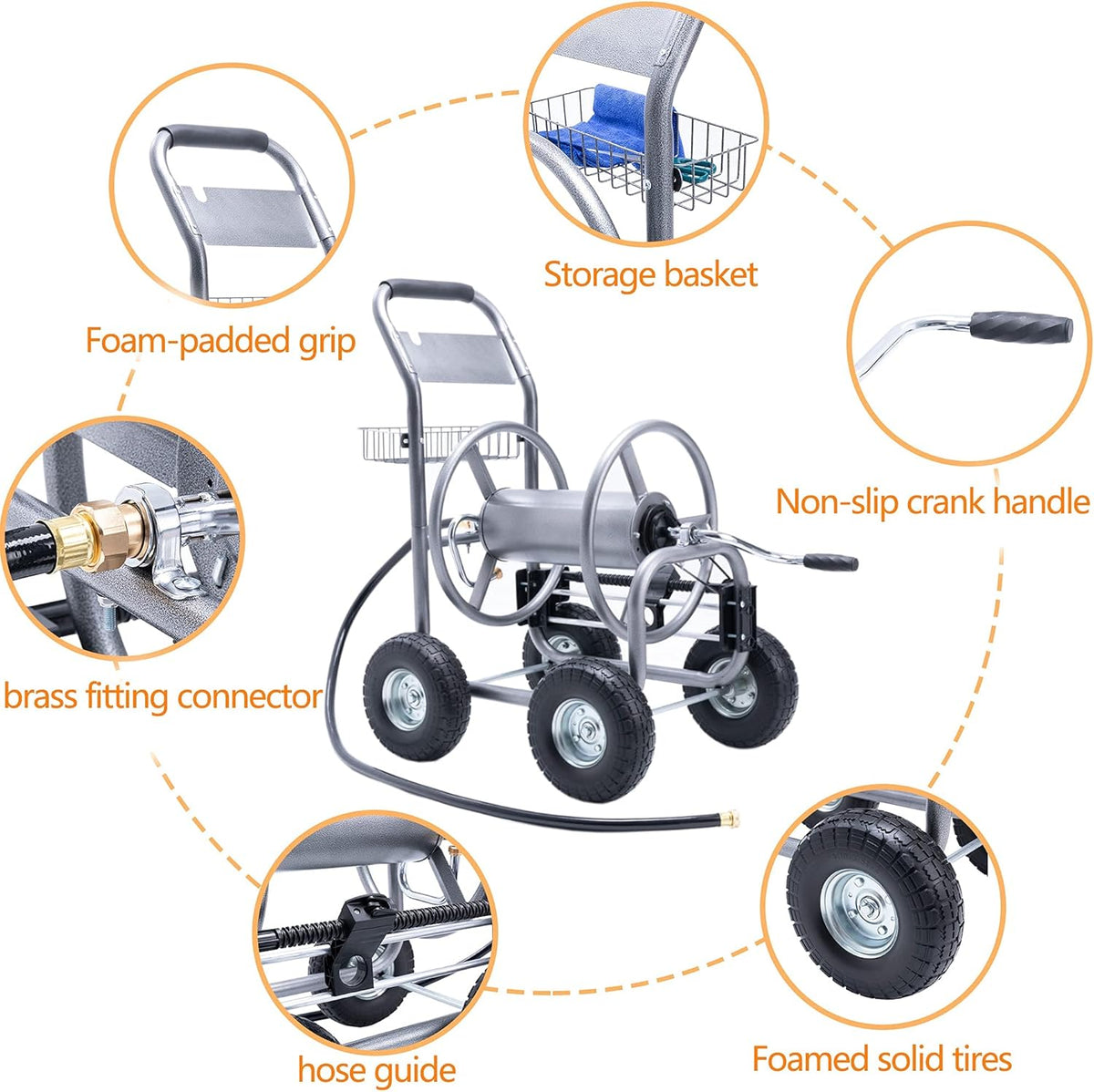 Heavy Duty Hose Reel Cart with 4 Wheels, 250-Feet Capacity F361