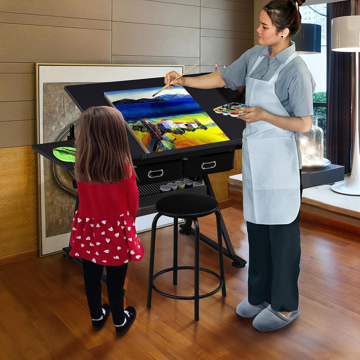 Height Adjustable Drafting Desk with Tiltable Tabletop and 2 Storage Drawers E668