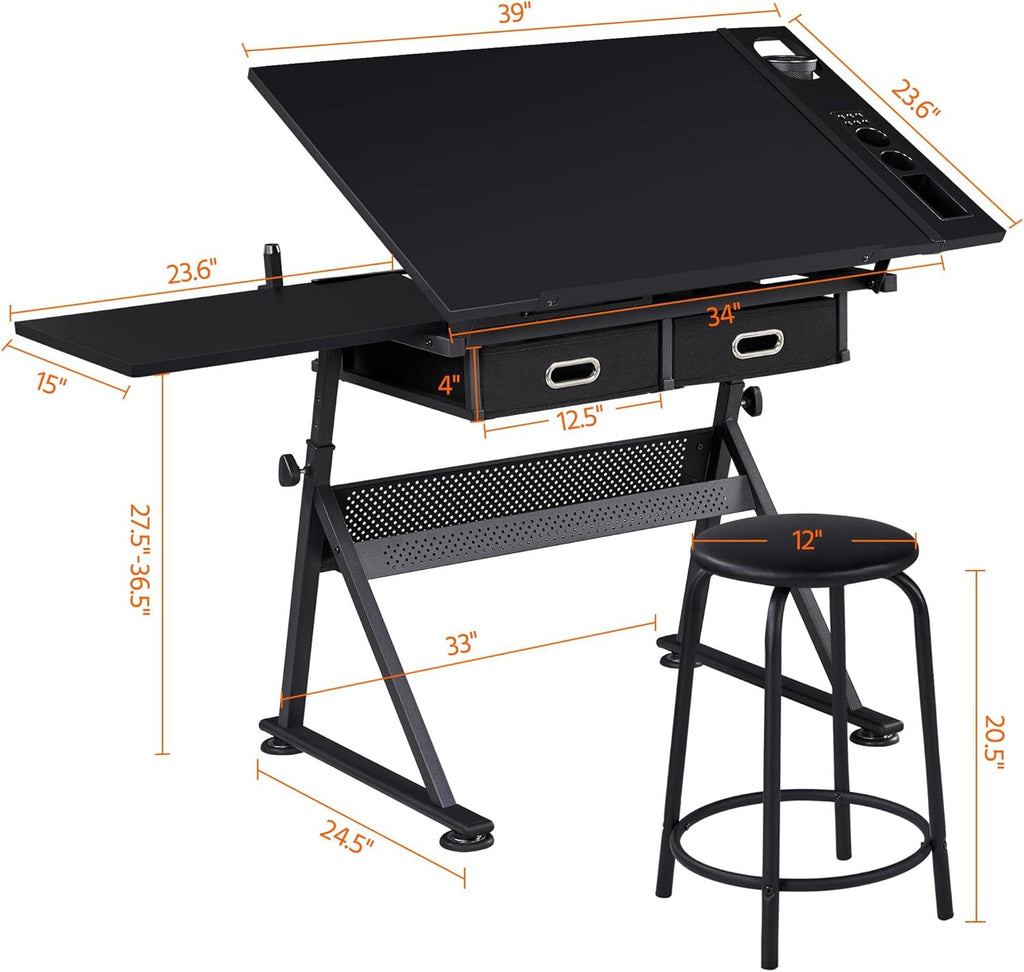Height Adjustable Drafting Desk with Tiltable Tabletop and 2 Storage Drawers E668