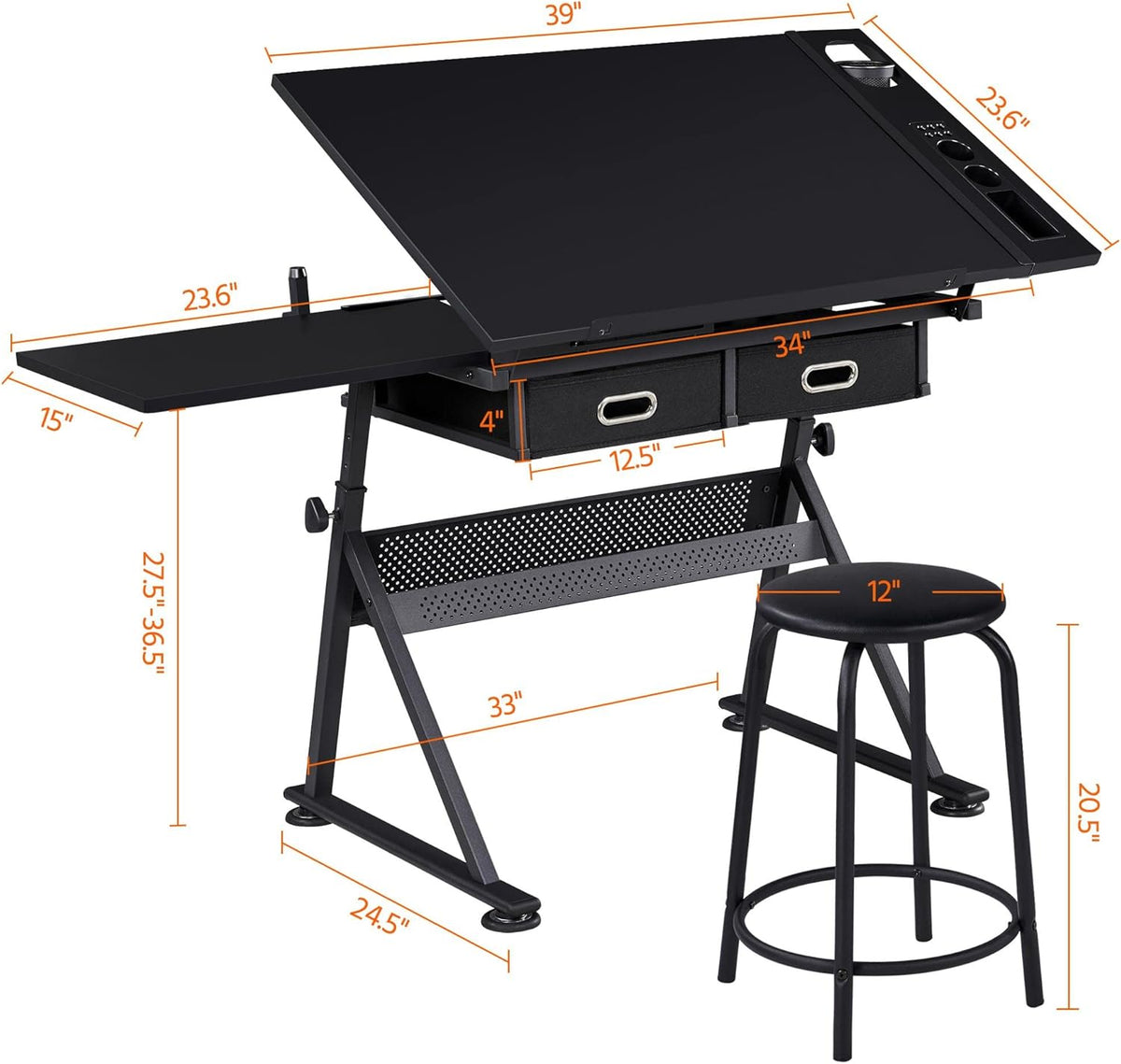 Height Adjustable Drafting Desk with Tiltable Tabletop and 2 Storage Drawers E668