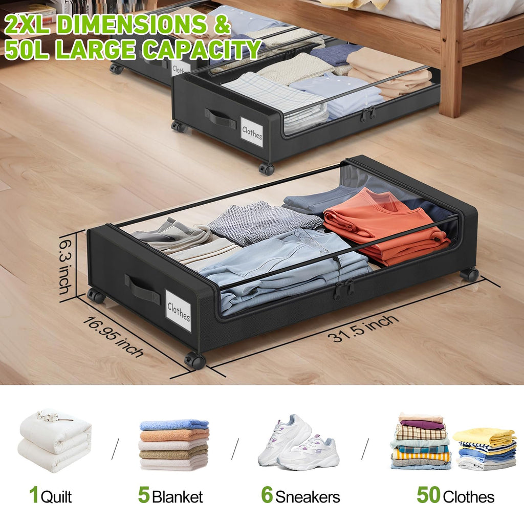 Black 2 Pack Rolling Underbed Storage Containers with Clear Lid Y268903