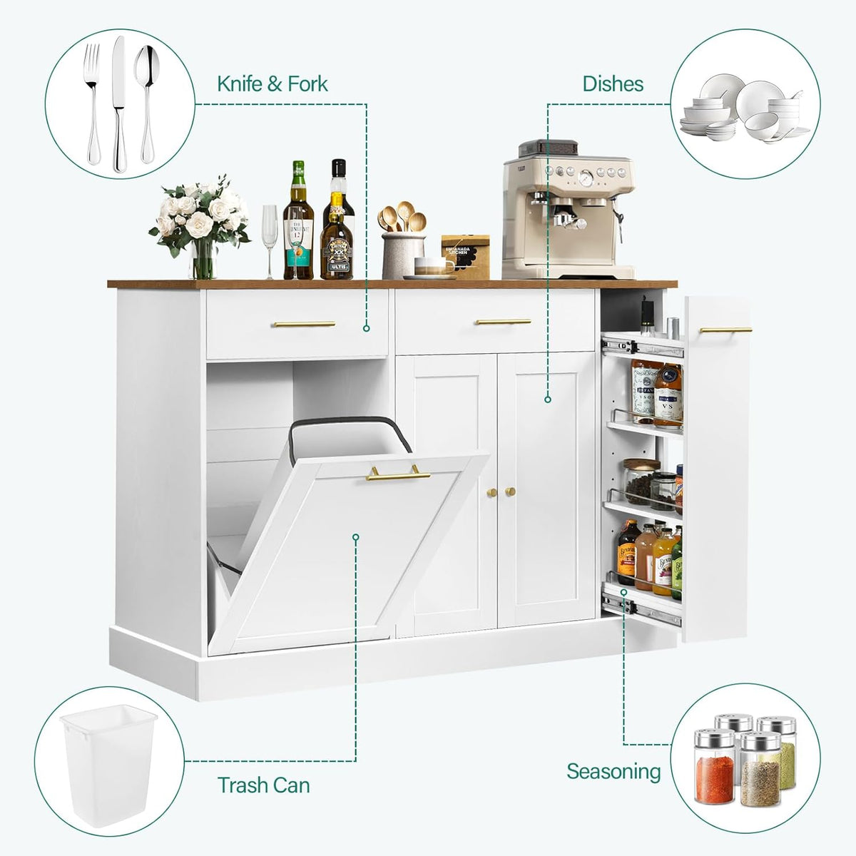 White Rolling Kitchen Island with Pull Out Spice Rack and Trash Can Cabinet O897